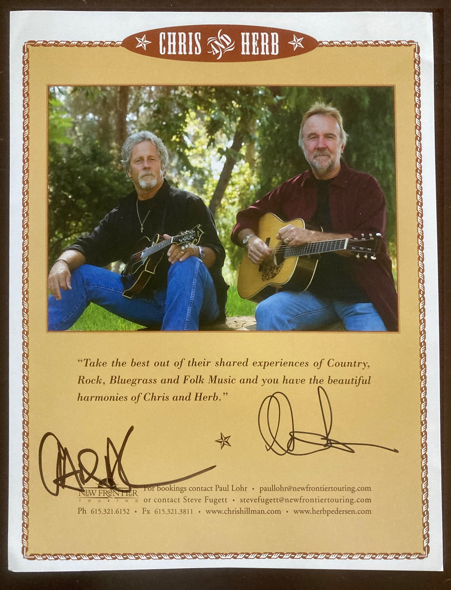 Chris & Herb touring sheet. Signed by Chris Hillman & Herb Pedersen
