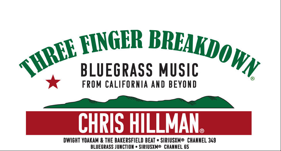 Album cover artwork for 'Three Finger Breakdown' by Chris Hillman, featuring green arched text, a red star, green hills, and a red banner with white lettering on a white background.