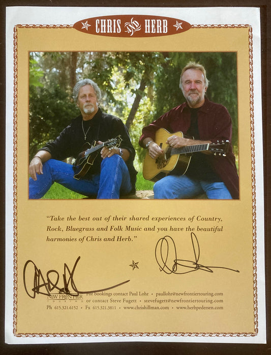 Chris & Herb touring sheet. Signed by Chris Hillman & Herb Pedersen